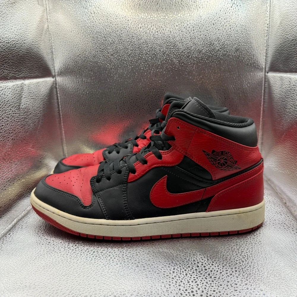 Size 13 Air Jordan 1 Mid Banned‎ Black University Red Mens Sneakers 554724-074